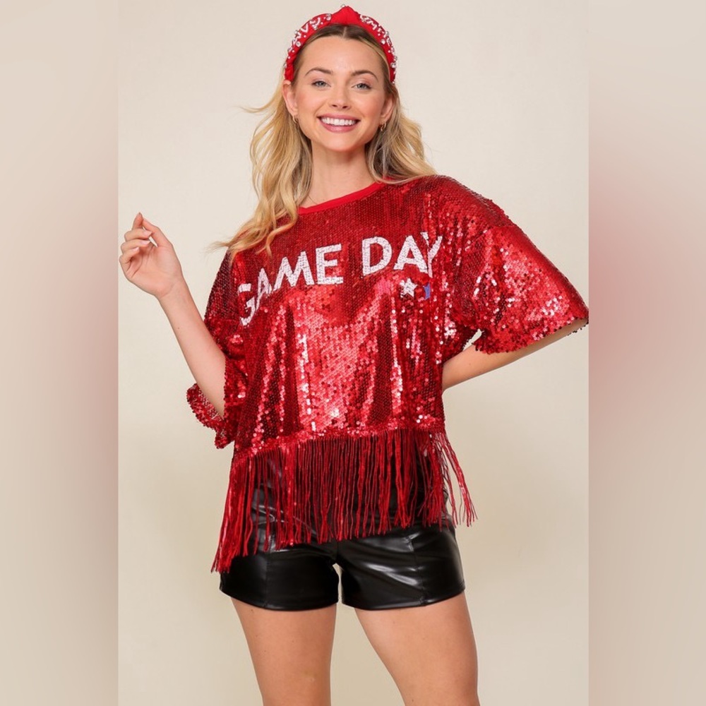 Sequin Game Day Fringe Crop Top